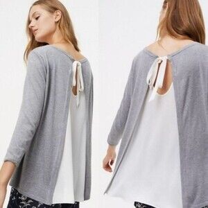 Loft Grey and White/Cream Mixed Media Tie Back Sweater, Size XS